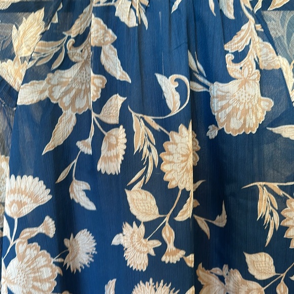 XXL teal w/cream floral Ann Taylor blouse one button cuff long sleeve scoop neck - Picture 10 of 12